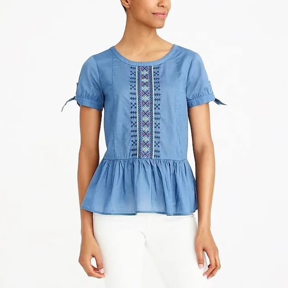 J. Crew Embroidered Ruffle Hem Chambray Blouse